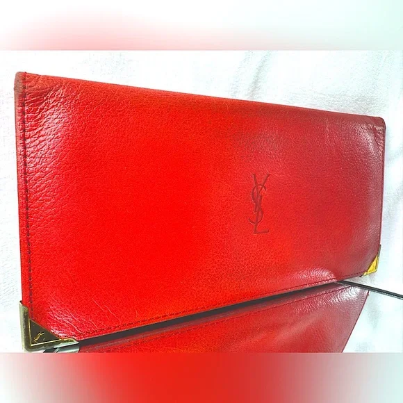 YSL Red Leather Wallet Monogram,Rare 80s Classic Yves Saint Laurent Vintage - Picture 11 of 14